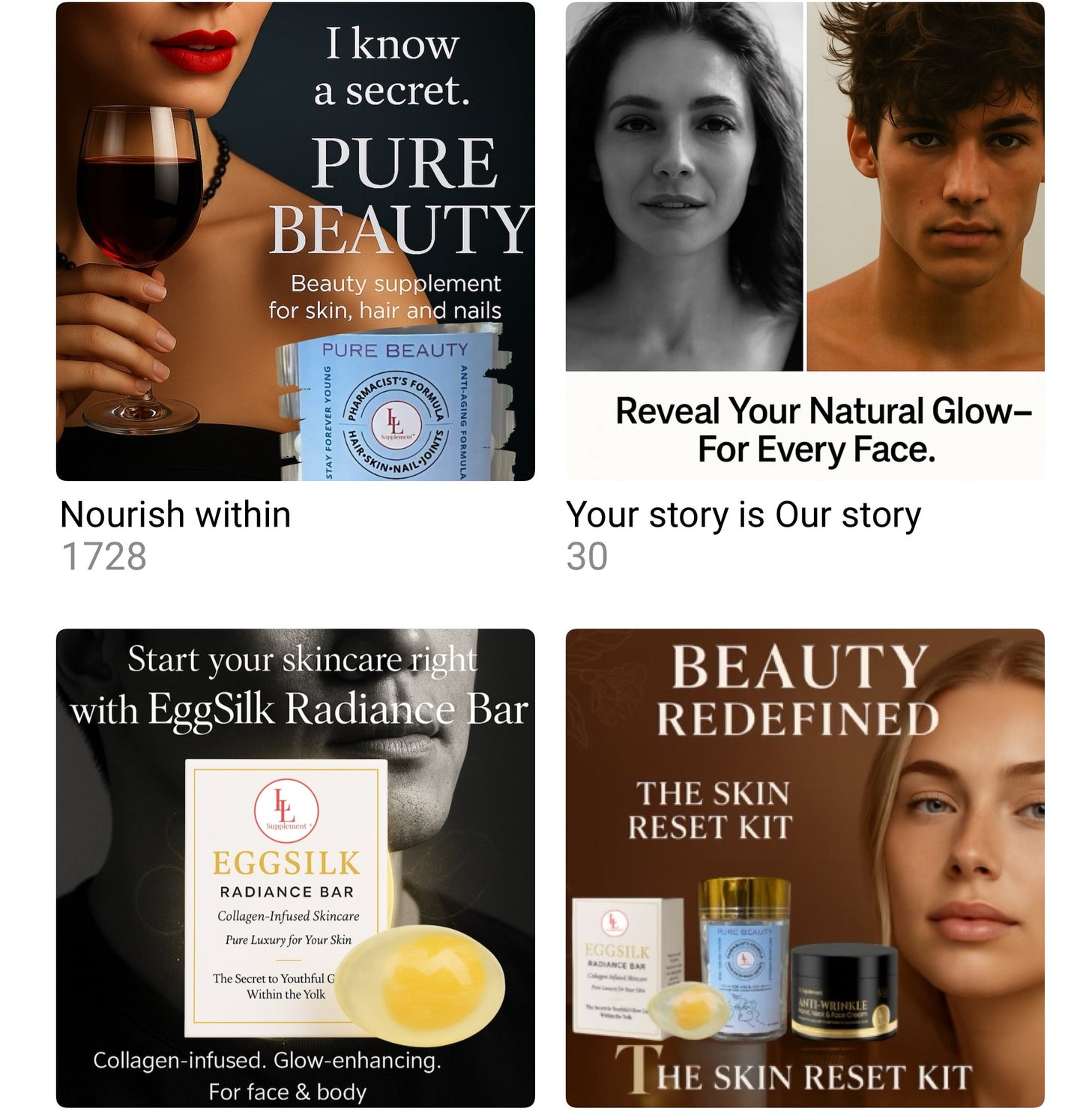 Collection of skincare and beauty product images on a digital platform.