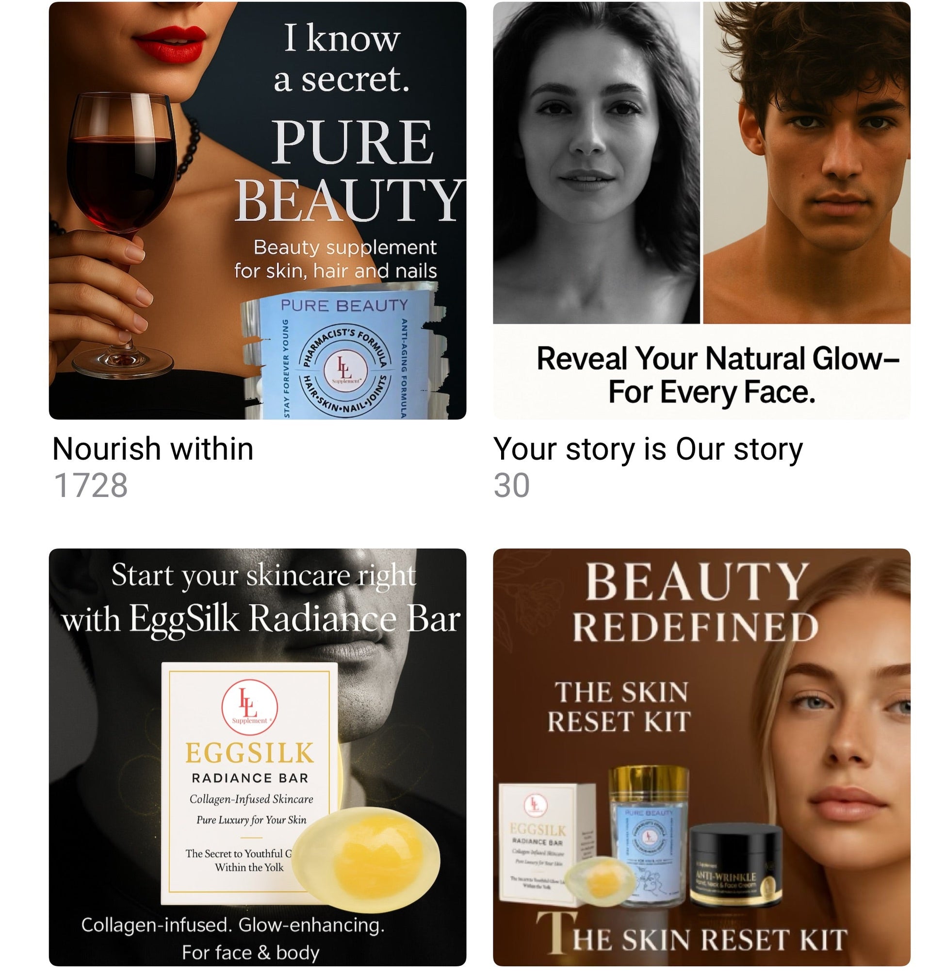 Collection of skincare and beauty product images on a digital platform.