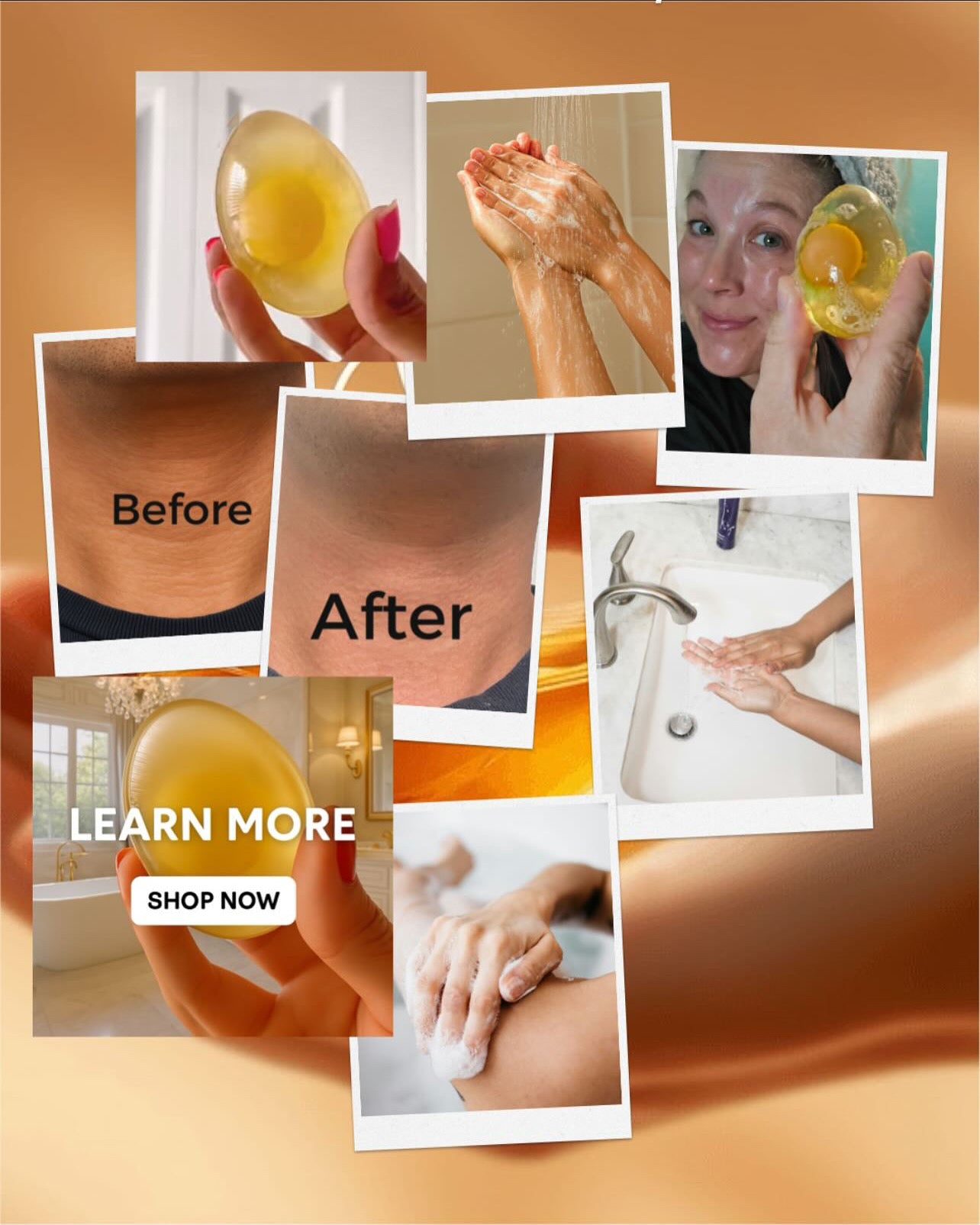 Collage of skincare product use with 'Before' and 'After' comparisons on a warm-toned background.