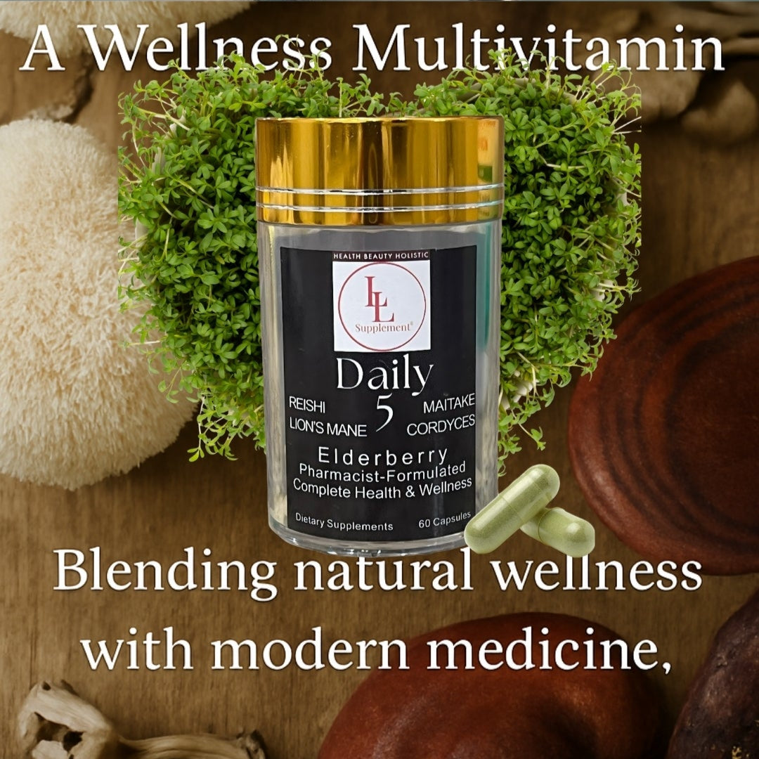 Wellness multivitamin supplement with natural elements on a wooden surface, featuring 'Daily 5' brand.
